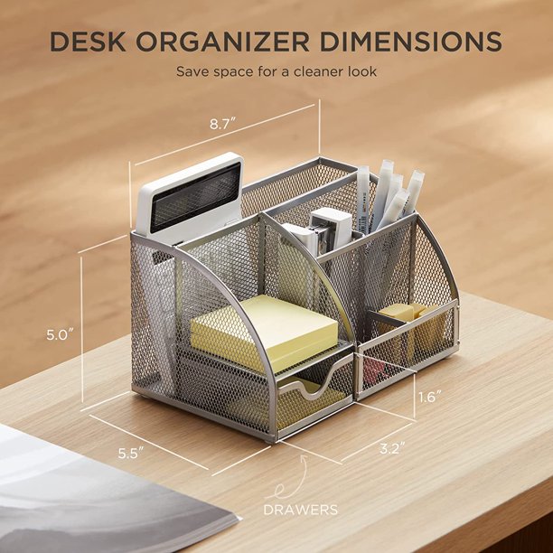 Desk Organizer Mesh with 7 Compartments, Office Desktop Supplies with Drawer, Metal Caddy Pencil Holder for Home, School, Classroom - Walmart.com