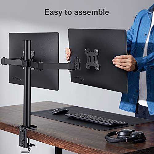 Dual Monitor Stand Mount, Heavy Duty Fully Adjustable Monitor Desk Mount for 13-27 inch Screens, VESA Mount with C Clamp, Each Arm Holds 4.4 to 17.6lbs