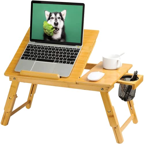 Lap Desk- Fits up to 15.6  Inch Laptop Desk, Foldable Bed Tray Breakfast Table with 5 Angles Tilting Top, Height Adjustable Laptop Stand with Storage Net