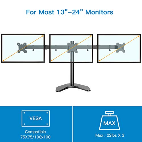 Triple Monitor Stand - for 13-24 Inches 3 Monitor Desk Mount, Heavy-Duty Free Standing Fully Adjustable Arm, Each Arm Holds up to 22lbs