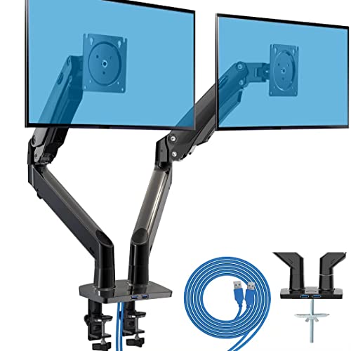 Dual Monitor Stand Mount - for Two 13-35” Screens with w/USB, Ultrawide Monitor Desk Mount Long Double Gas Spring Arm, Monitor Stands for 2 Monitors VESA Mount - Hold up to 26.4LBS/Arm