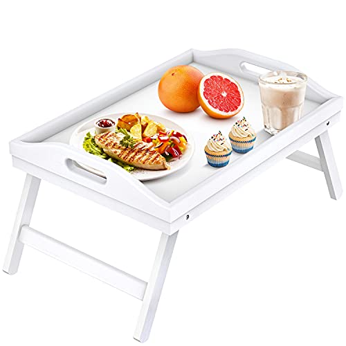 Bed Table Tray Bamboo Breakfast Platters Tray with Folding Legs Bamboo Kitchen Serving Tray（White）