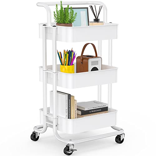 3 Tier Mesh Utility Cart, Rolling Metal Organization Cart with Handle and Lockable Wheels, Multifunctional Storage Shelves for Kitchen Living Room Office by (White)