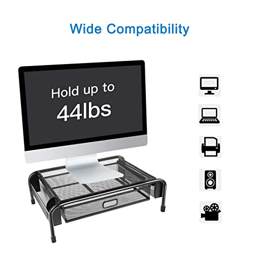 Monitor Stand Riser with Drawer, Mesh Metal Stand Riser with Pull Out Storage Drawer and Side Compartments Pockets for Computer, Laptop, iMac, Desk, Pens, Phones