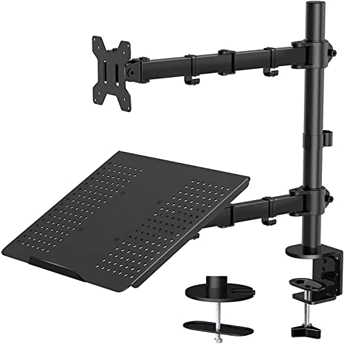 Monitor and Laptop Mount with Tray for 13- 27 inch, Fully Adjustable Laptop Notebook Desk Mount up to 17 inch, Weight up to 22lbs, Extension with Clamp and Grommet Mounting Base