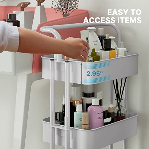 3 Tier Mesh Utility Cart, Rolling Metal Organization Cart with Handle and Lockable Wheels, Multifunctional Storage Shelves for Kitchen Living Room Office by (White)