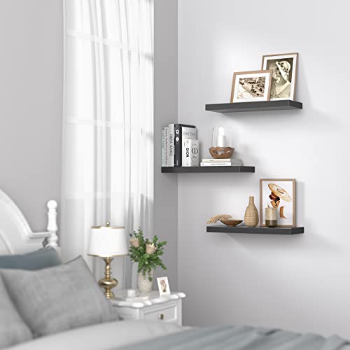 Wall Shelves Black, Floating Shelves with Invisible Metal Brackets for Bedroom, Bathroom, Living Room and Kitchen, 3 Sets-AMFS07