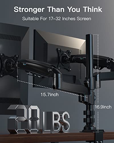 Dual Monitor Stand - Height Adjustable Gas Spring Double Arm Monitor Mount Desk Stand Fits Two 17 to 32 inch Screens with Clamp, Grommet Mounting Base, Each Arm Holds up to 19.8lbs