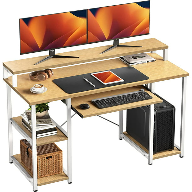 47 inch Computer Gaming Desk with Keyboard Tray, Home Office Desk Study Writing Table with Monitor Stand&Storage Shelves, Bamboo - Walmart.com