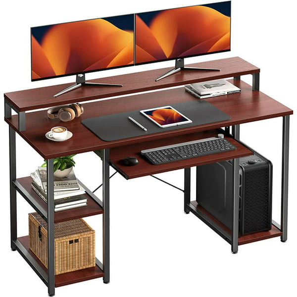 47 inch Computer Gaming Desk with Keyboard Tray, Home Office Desk Study Writing Table with Monitor Stand&Storage Shelves, Cherry - Walmart.com