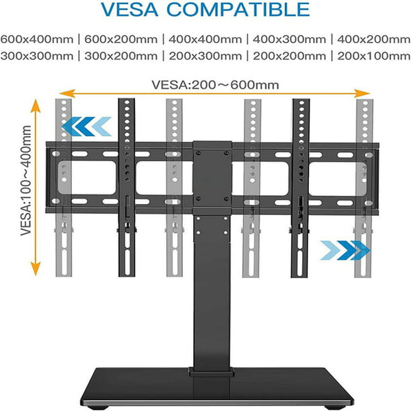 Universal Swivel TV Mount Stand Base for 37 to 70 inch LCD LED TVs, Height Adjustable Table Top TV Stand with Tempered Glass Base, Max 600x400mm, Holds up to 88lbs