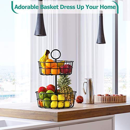 Fruit Basket,  2 Tier Fruit Basket Bowl Vegetable Organizer for Kitchen, Detachable Vegetable Storage Fruit Stand Holder for Counter Dining Room Countertop, Black