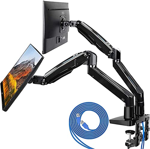 Dual Monitor Stand for 13 to 35 inch, Premium Dual Monitor Mount with USB, Height Adjustable Monitor Stands for 2 Monitors VESA Bracket with Clamp/Grommet Base, Each Arm Hold up to 26.4lbs