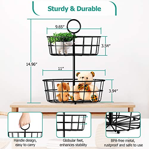 Fruit Basket,  2 Tier Fruit Basket Bowl Vegetable Organizer for Kitchen, Detachable Vegetable Storage Fruit Stand Holder for Counter Dining Room Countertop, Black