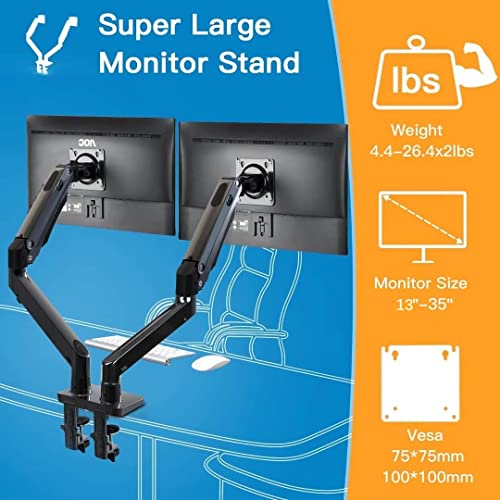 Dual Monitor Stand Mount - for Two 13-35” Screens with w/USB, Ultrawide Monitor Desk Mount Long Double Gas Spring Arm, Monitor Stands for 2 Monitors VESA Mount - Hold up to 26.4LBS/Arm