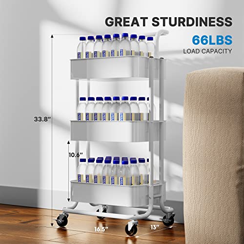 3 Tier Mesh Utility Cart, Rolling Metal Organization Cart with Handle and Lockable Wheels, Multifunctional Storage Shelves for Kitchen Living Room Office by (White)