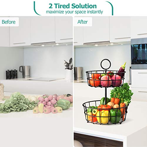 Fruit Basket,  2 Tier Fruit Basket Bowl Vegetable Organizer for Kitchen, Detachable Vegetable Storage Fruit Stand Holder for Counter Dining Room Countertop, Black