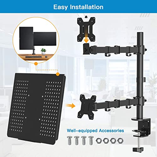 Monitor and Laptop Mount with Tray for 13- 27 inch, Fully Adjustable Laptop Notebook Desk Mount up to 17 inch, Weight up to 22lbs, Extension with Clamp and Grommet Mounting Base