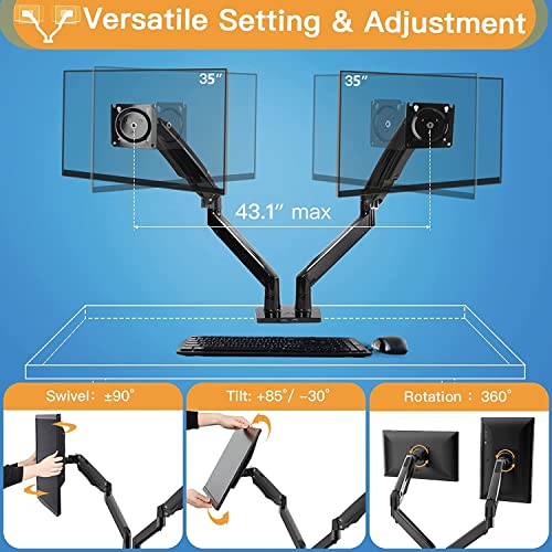 Dual Monitor Stand Mount - for Two 13-35” Screens with w/USB, Ultrawide Monitor Desk Mount Long Double Gas Spring Arm, Monitor Stands for 2 Monitors VESA Mount - Hold up to 26.4LBS/Arm