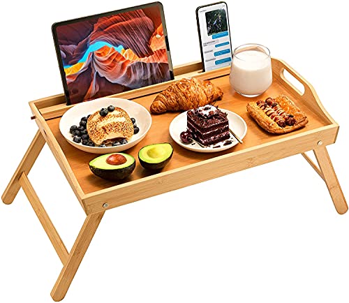 Bamboo Bed Tray Table, Large Breakfast Tray - 21.7x14 Inch with Folding Legs, Multipurpose Serving Tray Use As Portable Laptop Tray, Snack Tray, Platter Tray for Working, Eating, Reading