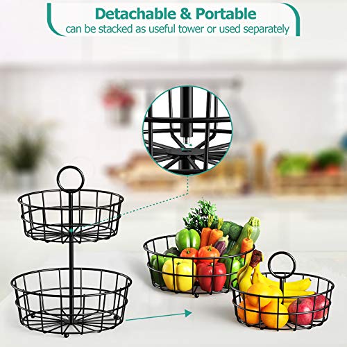 Fruit Basket,  2 Tier Fruit Basket Bowl Vegetable Organizer for Kitchen, Detachable Vegetable Storage Fruit Stand Holder for Counter Dining Room Countertop, Black