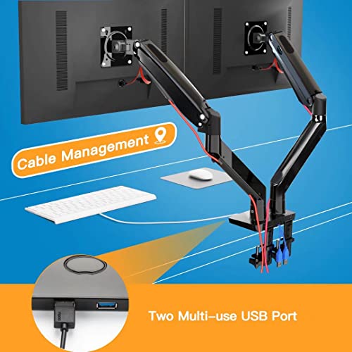 Dual Monitor Stand Mount - for Two 13-35” Screens with w/USB, Ultrawide Monitor Desk Mount Long Double Gas Spring Arm, Monitor Stands for 2 Monitors VESA Mount - Hold up to 26.4LBS/Arm