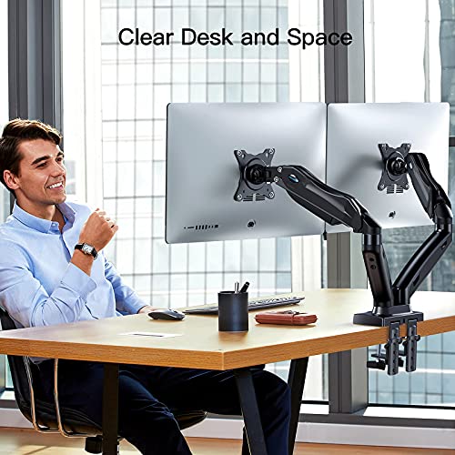 Dual Monitor Stand, Adjustable Spring Monitor Desk Mount Swivel Vesa Bracket with C Clamp/Grommet Mounting Base for 17 to 27 Inch Computer Screens, Each Arm Holds 4.4 to 14.3lbs