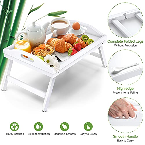 Bed Table Tray Bamboo Breakfast Platters Tray with Folding Legs Bamboo Kitchen Serving Tray（White）