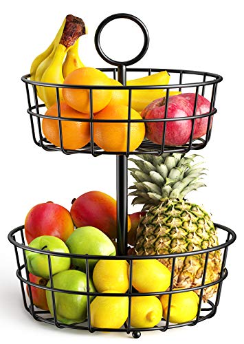 Fruit Basket,  2 Tier Fruit Basket Bowl Vegetable Organizer for Kitchen, Detachable Vegetable Storage Fruit Stand Holder for Counter Dining Room Countertop, Black