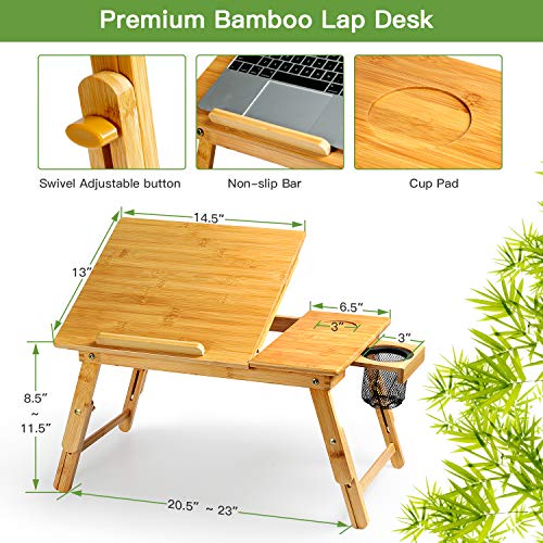 Lap Desk- Fits up to 15.6  Inch Laptop Desk, Foldable Bed Tray Breakfast Table with 5 Angles Tilting Top, Height Adjustable Laptop Stand with Storage Net