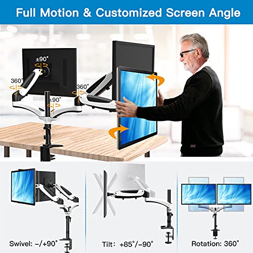 Dual Monitor Stand, Height Adjustable Monitor Mount Fits Two 13 to 27 Inch Flat, Curved Computer Screen, Double Gas Spring Arm Desk VESA Bracket with Clamp, Grommet Mounting Base