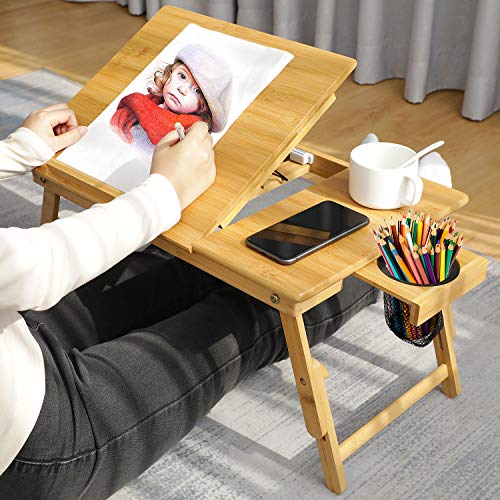 Lap Desk- Fits up to 15.6  Inch Laptop Desk, Foldable Bed Tray Breakfast Table with 5 Angles Tilting Top, Height Adjustable Laptop Stand with Storage Net