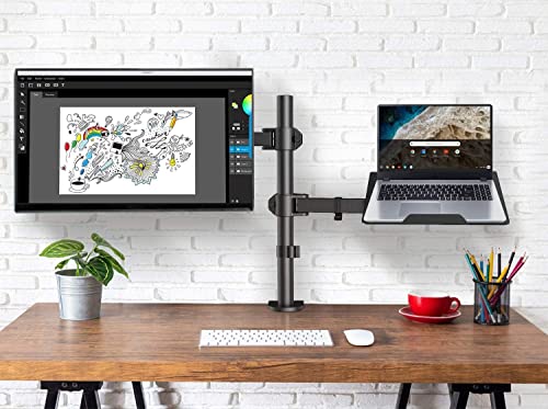 Monitor and Laptop Mount with Tray for 13- 27 inch, Fully Adjustable Laptop Notebook Desk Mount up to 17 inch, Weight up to 22lbs, Extension with Clamp and Grommet Mounting Base