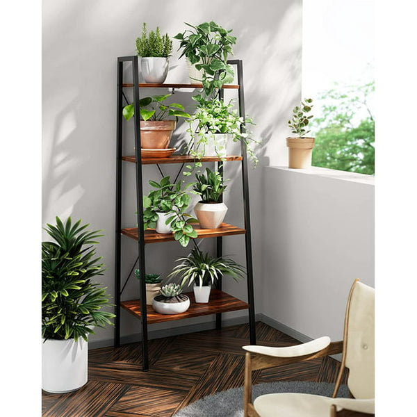 Industrial Ladder Shelf, 4 Tier Bookshelf, Free Standing Bookcase Storage Rack Shelves Plant Flower Stand with Wood Look for Living Room, Bedroom, Kitchen, Bathroom, Home Office, Balcony - Walmart.com