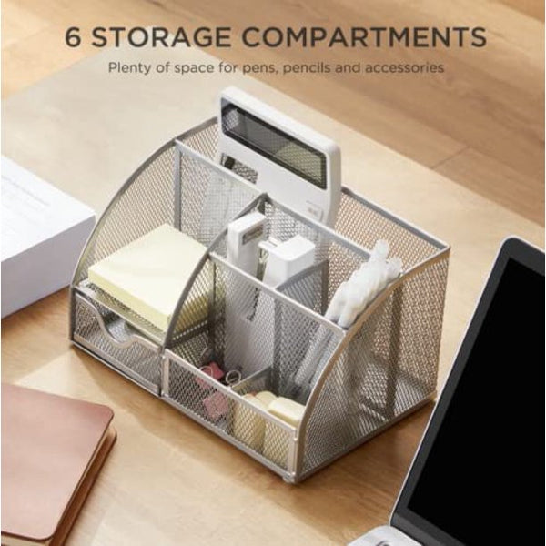 Desk Organizer Mesh with 7 Compartments, Office Desktop Supplies with Drawer, Metal Caddy Pencil Holder for Home, School, Classroom - Walmart.com