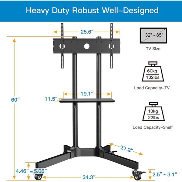 Mobile TV Cart with Wheels for 32-85 inch Flat Curved Screen TVs, Height Adjustable Rolling TV Stand Hold Up to 132 lbs, Trolley Floor Stand with Tray Max 600x400mm - Walmart.com