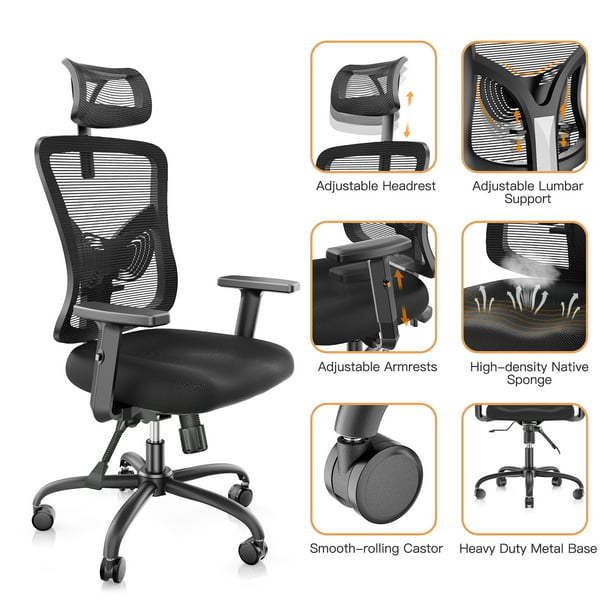 High Back Ergonomic Home Office Chair Desk Mesh, Computer Gaming Chair with Lumbar Support Adjustable Armrest, Backrest and Headrest