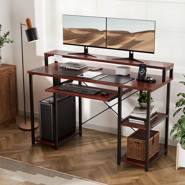 47 inch Computer Gaming Desk with Keyboard Tray, Home Office Desk Study Writing Table with Monitor Stand&Storage Shelves, Cherry - Walmart.com