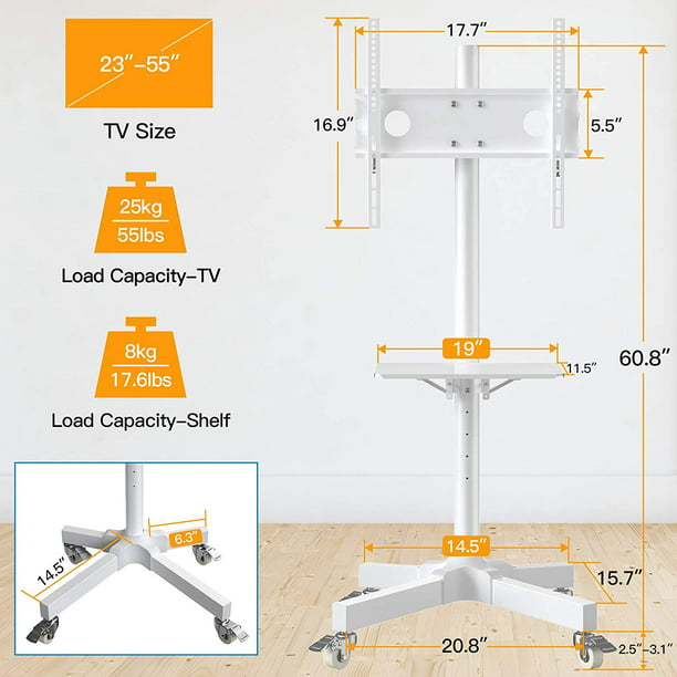 Mobile TV Cart with Wheels for 23 to 60 inch LCD LED 4K Flat Curved Screen TVs, Height Adjustable Shelf Trolley Floor Stand Holds up to 55lbs, Monitor Holder Tray Max 400x400mm White - Walmart.com