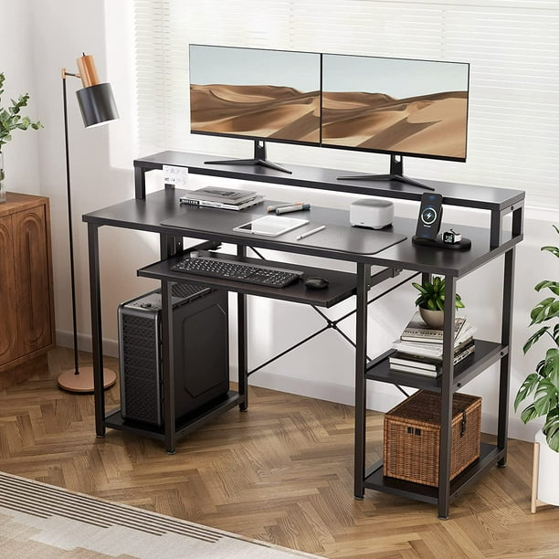 47 inch Computer Gaming Desk with Keyboard Tray, Home Office Desk Study Writing Table with Monitor Stand&Storage Shelves, Black - Walmart.com