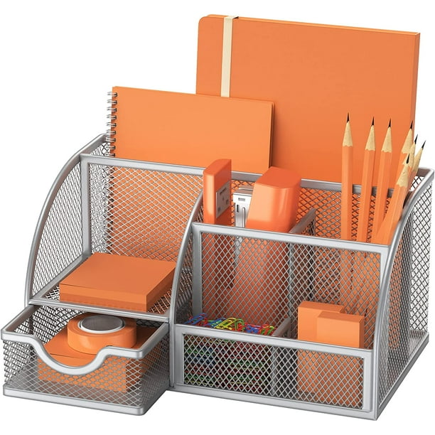 Desk Organizer Mesh with 7 Compartments, Office Desktop Supplies with Drawer, Metal Caddy Pencil Holder for Home, School, Classroom - Walmart.com