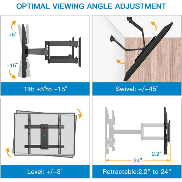 Corner TV Wall Mount Bracket Tilts, Swivels, Extends, Full Motion Articulating TV Mount for 26-60 inch LED, LCD Flat Curved Screen TVs, Holds up to 99 lbs, 400x400, Heavy Duty TV Bracket