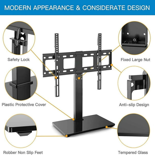 Universal Swivel TV Mount Stand Base for 37 to 70 inch LCD LED TVs, Height Adjustable Table Top TV Stand with Tempered Glass Base, Max 600x400mm, Holds up to 88lbs