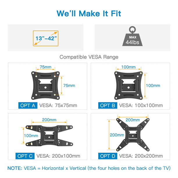 Full Motion TV Monitor Wall Mount Bracket Articulating Arms Swivels Tilts Extension Rotation for Most 13-42 inch LED LCD Flat Curved Screen TVs Monitors, Max 200x200mm up to 44lbs - Walmart.com