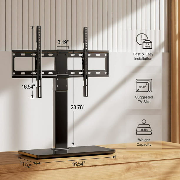 Universal Swivel TV Mount Stand Base for 37 to 70 inch LCD LED TVs, Height Adjustable Table Top TV Stand with Tempered Glass Base, Max 600x400mm, Holds up to 88lbs